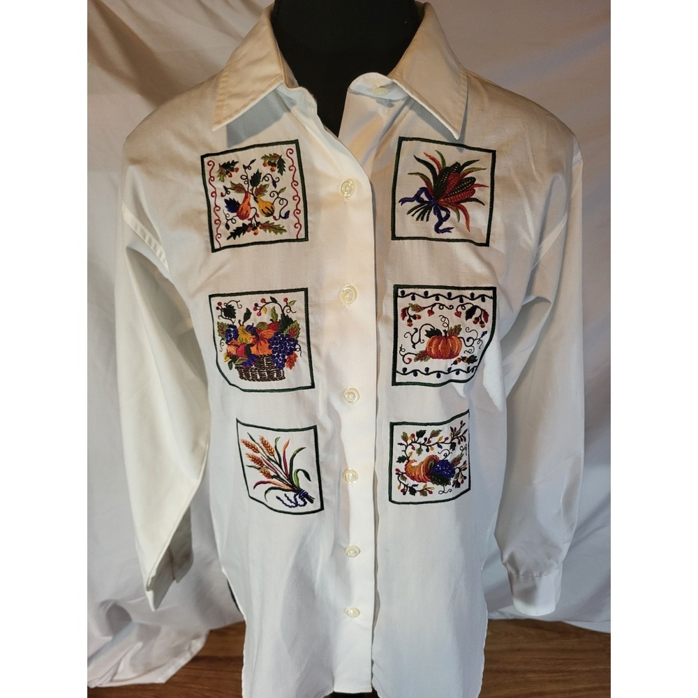 Vintage Talbots Autumn Embroidered Button Up Blouse Small Petite